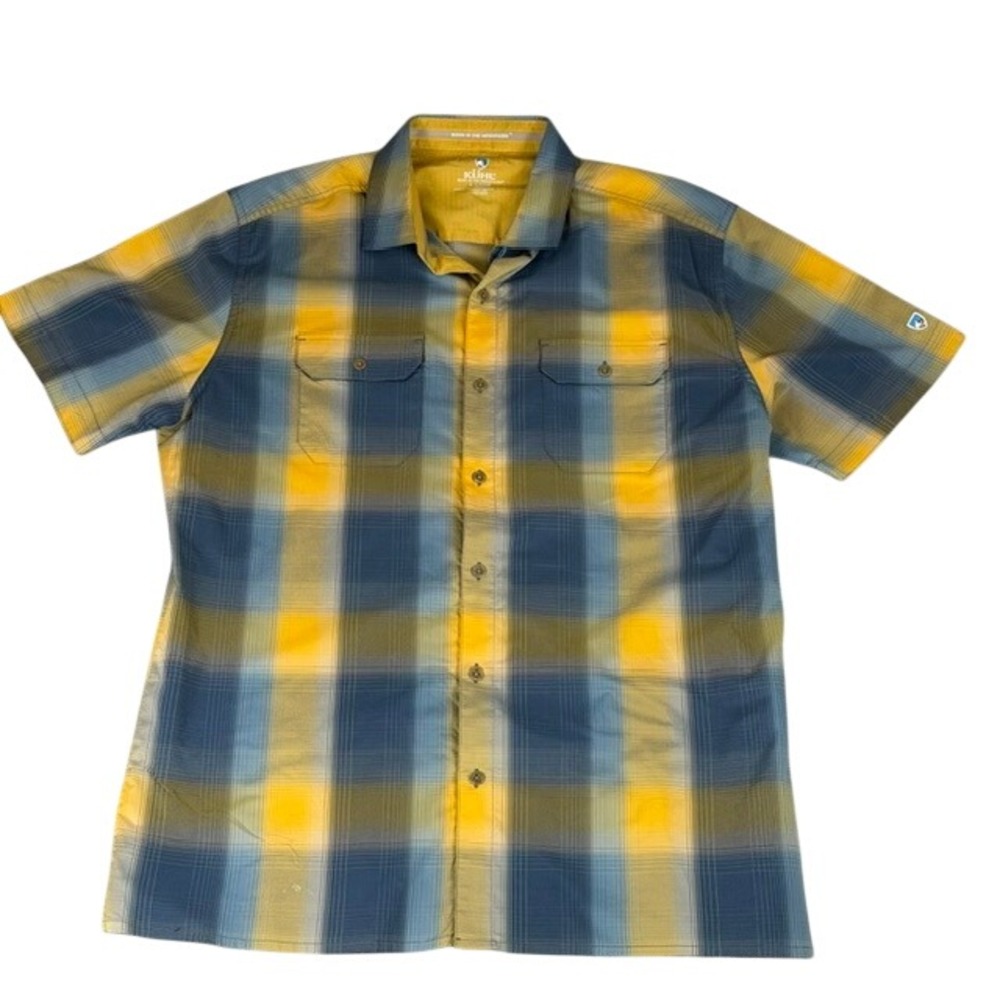 Kuhl Mens Large Short Sleeve Plaid Button Down Shirt Yellow Blue Chest pockets
